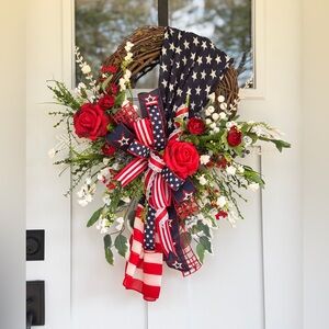 Patriotic Floral Wreath with Red Roses and American Flag Accents